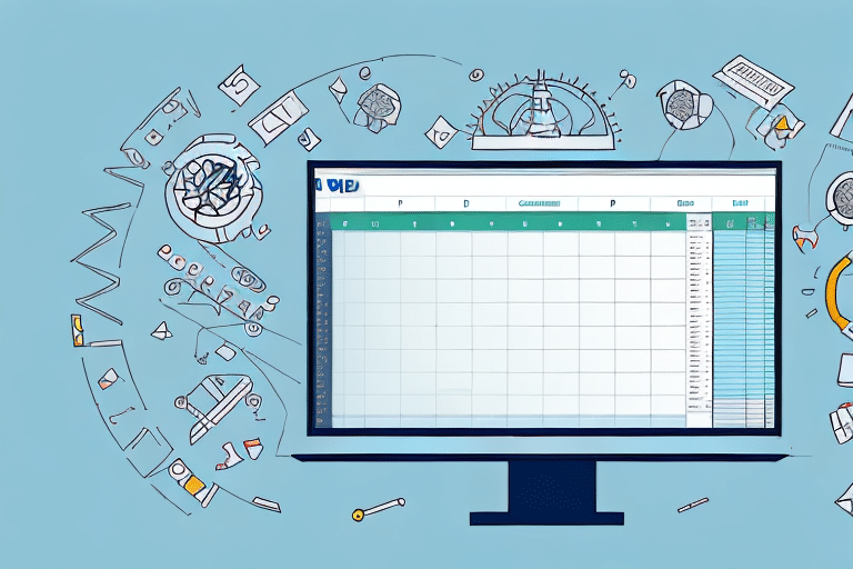 A computer screen displays a blank spreadsheet in Excel with tabs labeled for various operations. Icons representing business tools, like UPS Worldship, surround the screen, perfect for tasks such as import addresses, all set against a light blue background.