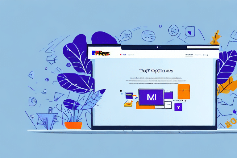 A laptop showcases a colorful digital workspace interface, surrounded by abstract plant illustrations and tech icons. The screen displays a website featuring vibrant design and a central purple monitor graphic, embodying the seamless integration of software account management tools.