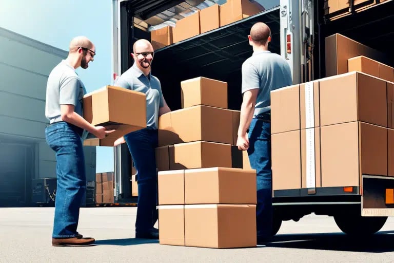 Three men in casual attire are efficiently unloading brown cardboard boxes from an open truck in a sunny industrial area, as if setting up a pickup for another location. They work together seamlessly, stacking boxes on the ground beside the vehicle.