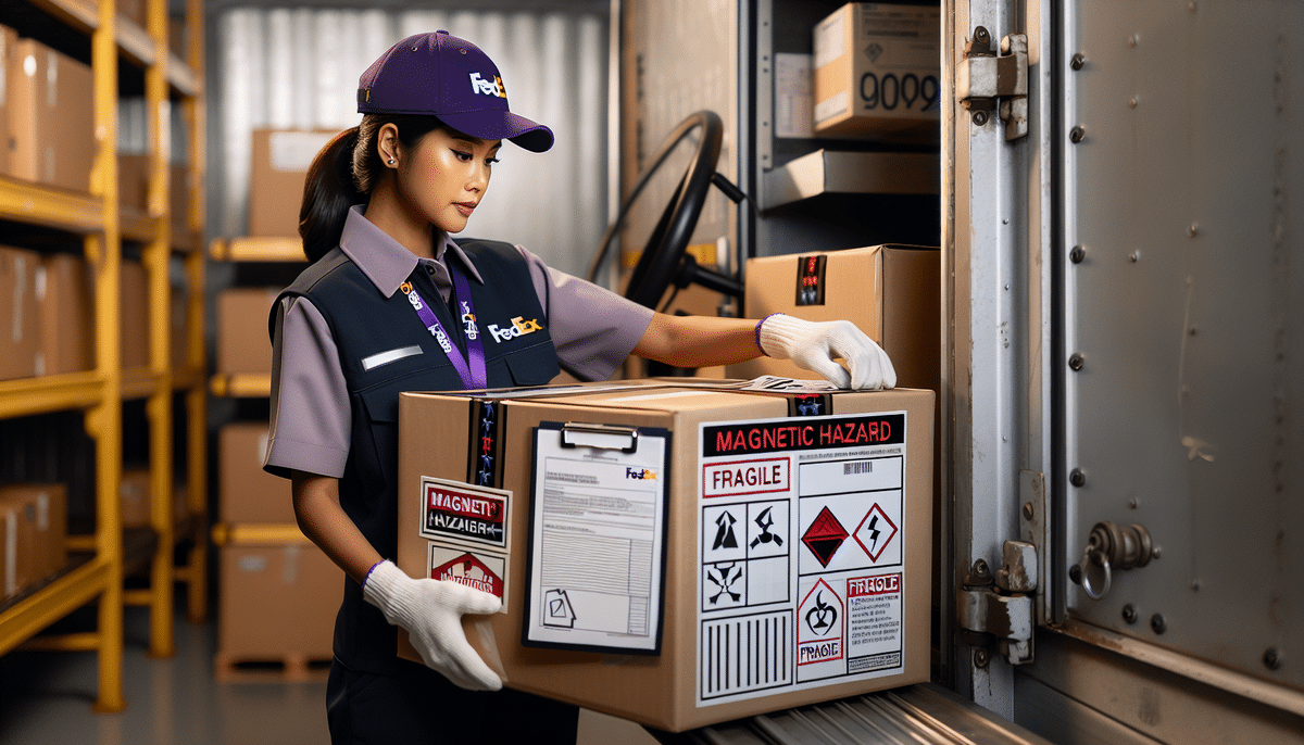 A FedEx employee, donning a uniform and cap, diligently manages a large package labeled Magnetic Hazard and Fragile in a bustling shipping area, surrounded by shelves laden with similar boxes of magnetic materials.