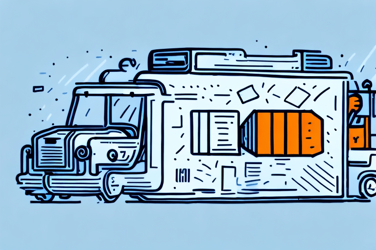 Illustration of a whimsical truck with abstract, geometric shapes and bold outlines, reminiscent of a playful FedEx Ship Manager interface. The truck features exaggerated elements and design, set against a light blue background with scattered doodles.