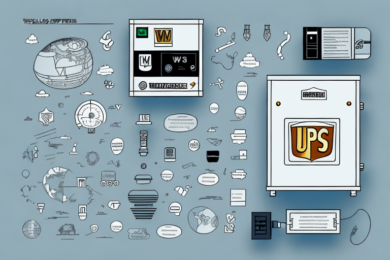 A complex technical illustration features mechanical components, diagrams, and small icons. Central elements include a large box labeled UPS alongside panels with various buttons and dials, reminiscent of UPS WorldShip fields, all set against a light blue background.