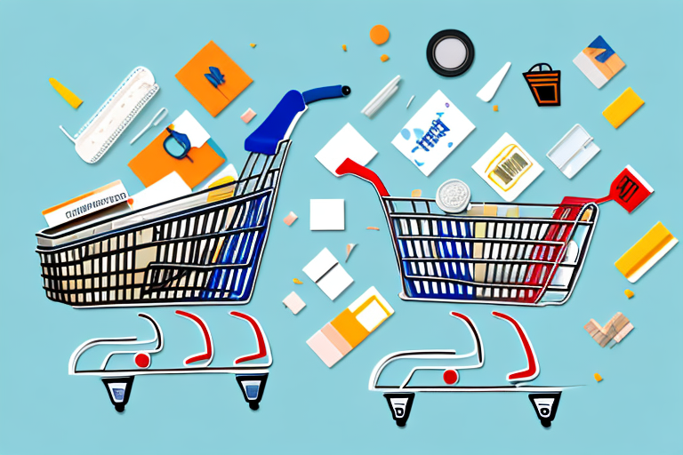 Illustration of two shopping carts adorned with digital icons and abstract shapes, symbolizing the Amazon Effect and changing the way we shop. Set against a vibrant blue backdrop, it captures the essence of technology, communication, and modern consumer products in a tech-savvy atmosphere.