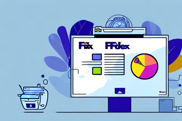 Illustration of a computer screen displaying charts and graphs, including a colorful pie chart. Beside the screen is a small robot or device with an antenna, resembling a mini FedEx Ship Manager. Abstract blue leaves and shapes decorate the background.
