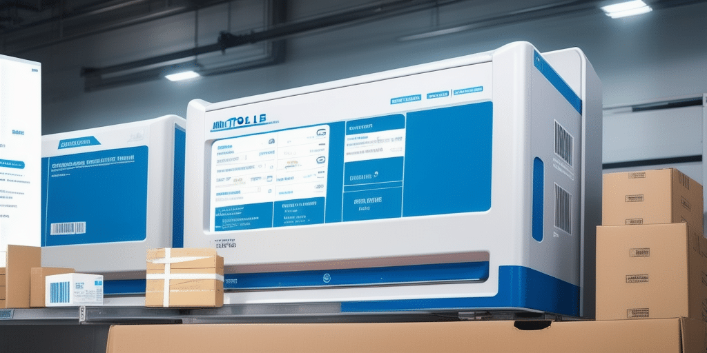 A large, blue and white Mettler Toledo Scale setup sits in a warehouse surrounded by cardboard boxes. Its digital display shows various settings and options. The environment, perfect for integrating with UPS WorldShip, is brightly lit with industrial overhead lights.