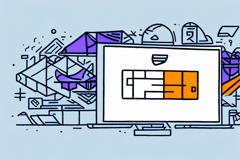 A stylized digital illustration of a computer screen displaying a spreadsheet and a pie chart. Abstract geometric shapes in purple and orange surround the monitor, hinting at data insights for a Shipping Manager, set against a light blue background.