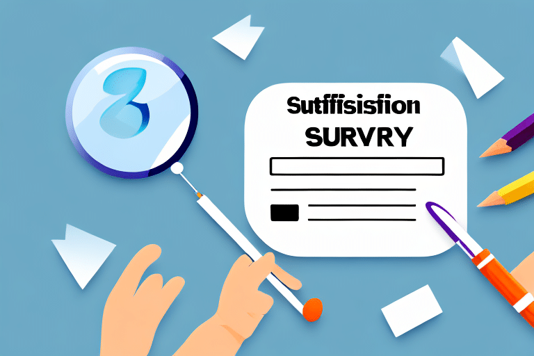A person is filling out a Satisfaction Survey form on a blue background, using the questionnaire to gather insights. Nearby, pencils, papers, and a magnifying glass hint at diligent efforts to improve your business and enhance customer retention.