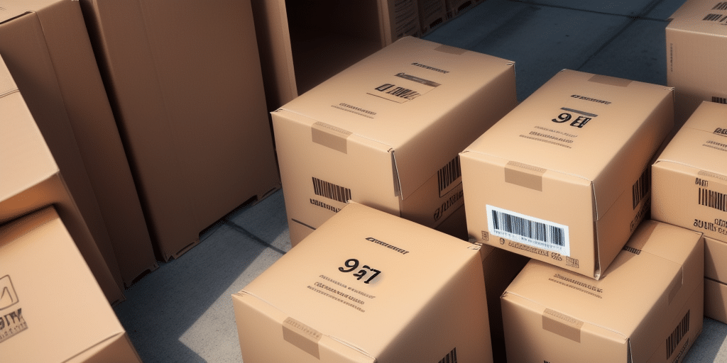 A group of cardboard boxes of various sizes is stacked closely together on a concrete floor. Some boxes display barcodes and text, indicating theyre ready for shipping or storage through UPS Worldship.