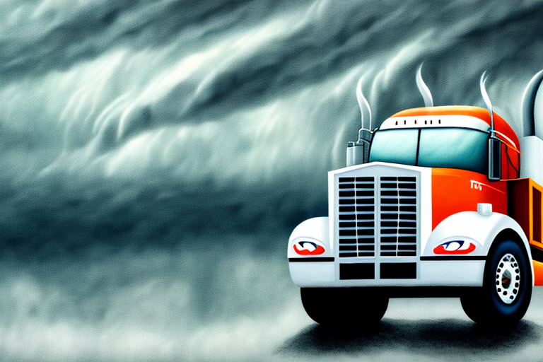 Illustration of a large red and white semi-truck with prominent exhaust pipes, set against swirling, stormy clouds hinting at weather delays. The truck is positioned to the right, suggesting movement toward the viewer.
