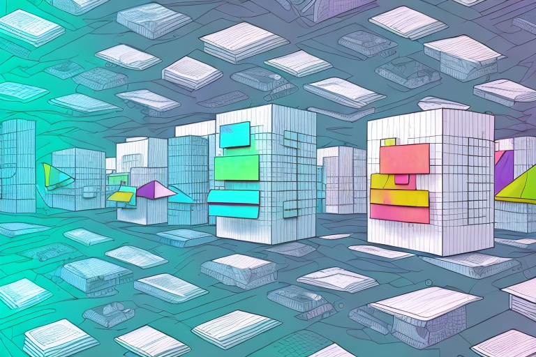 A digital illustration features abstract city buildings that evoke a matrix of layered rectangular shapes. The structures transition in a gradient from teal to light purple, with vibrant accents in green, blue, pink, and yellow. The background mirrors this pattern with similar shapes.