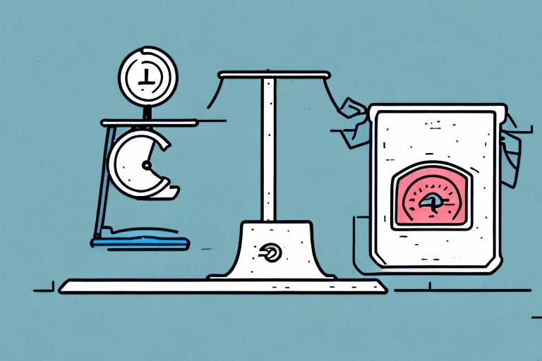 An illustration of a balance scale with a mechanical dial features a clock-like face on one side and a rectangular weight with a red dial on the other, symbolizing the FedEx Non-Machinable Surcharge. It’s all set against a calming light blue background.