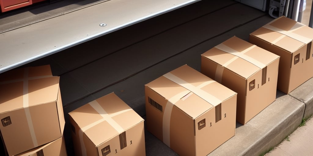 Five cardboard boxes neatly lined up on a concrete platform next to a delivery truck, ready for unloading. Sunlight casts soft shadows on the boxes, highlighting their taped closures and barcodes—each prepared with updated UPS WorldShip rates for efficient delivery.