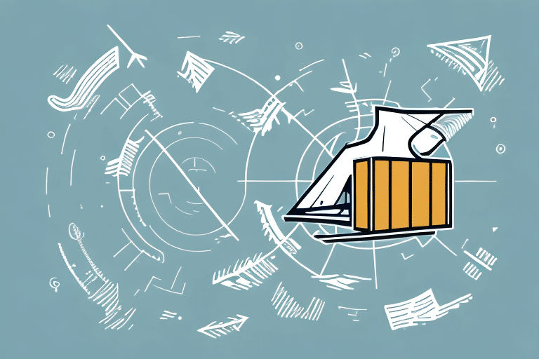 A stylized graphic of a futuristic container, reminiscent of UPS WorldShip technology, is surrounded by dynamic circular and arrow-like designs on a blue background. The container is outlined in black with orange panels, suggesting movement or change toward innovation.