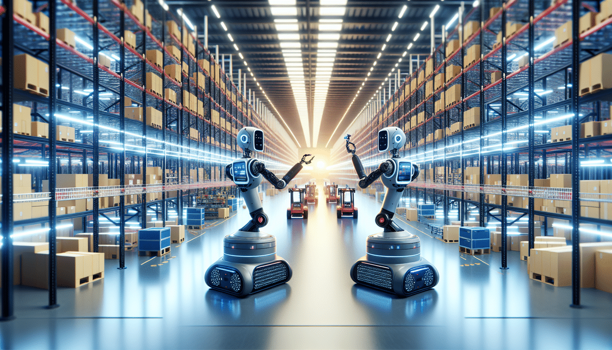 Two robots interact in a futuristic warehouse filled with tall shelves stocked with boxes. Under the bright overhead lights, automated vehicles from Dematic and Swisslog glide seamlessly between the aisles, showcasing cutting-edge innovation in inventory management systems.