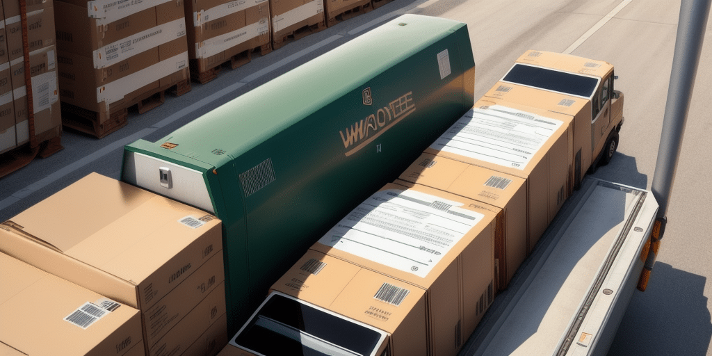 A highway scene features a large truck with a green trailer, flanked by oversized cardboard boxes labeled from the latest UPS WorldShip updates. Positioned between two long rows of packages, the clear and sunny road offers no need for troubleshooting or Print Doc Reports.