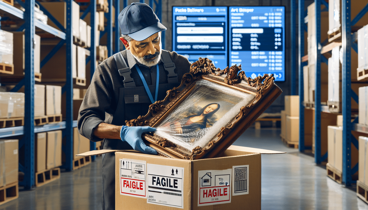 In a bustling warehouse, a worker in uniform and cap carefully places a framed painting resembling the Mona Lisa into a box labeled Fragile. As shelves brim with boxes and the tracking screen hums nearby, this delicate task exemplifies the precision of shipping artwork with FedEx.