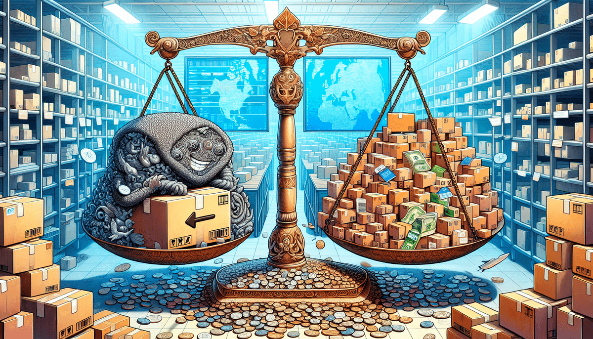 A whimsical scene shows a scale balancing a hooded figure hugging a single box labeled FBA on one side, and an overflowing pile of packages and money on the other. Shelves of boxes and a world map backdrop suggest a comparison of value and greed in Fulfillment by Amazons world.
