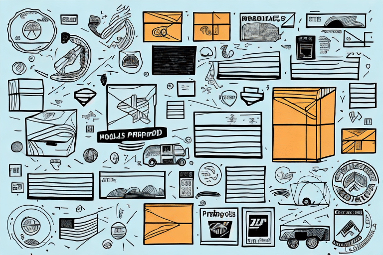 A whimsical illustration showcasing various shapes and lines, from envelopes to graphics, seamlessly blending abstract forms with a playful collage of postal themes. Set on a light blue background in black and orange hues, it subtly echoes the structured elements found in UPS WorldShip system requirements.