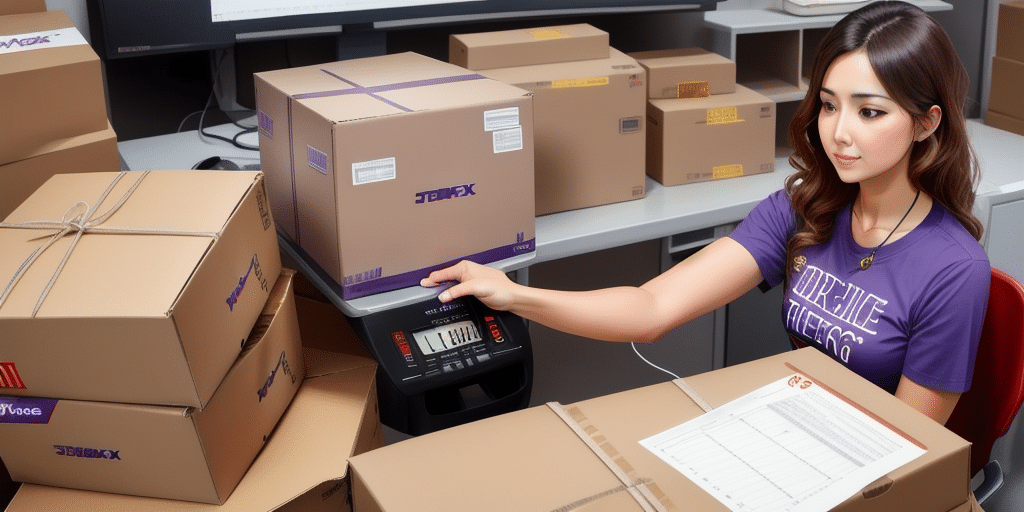 A woman in a purple t-shirt is using a digital scale to weigh a large cardboard box with the FedEx Ship Manager displayed on her computer monitor. She is surrounded by other sealed packages, and shelves filled with boxes are visible in the background.
