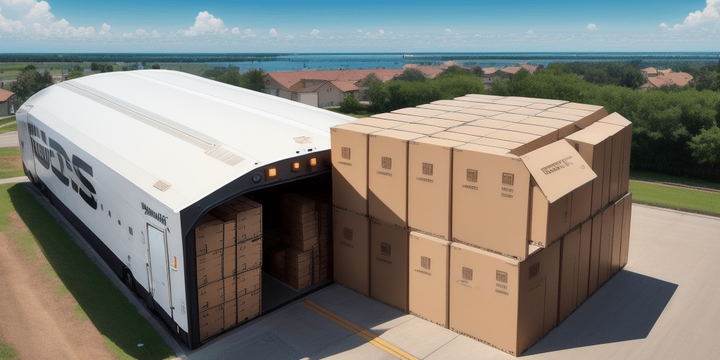 A large shipping truck parked on a road unloads numerous stacked cardboard boxes, efficiently organized using UPS Worldship. In the background, houses and green trees frame a distant blue water body under a clear sky.