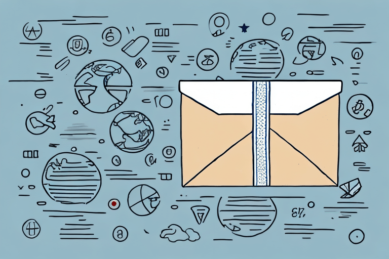 An illustrated envelope surrounded by various icons, such as globes, arrows, and communication symbols, on a blue background. The icons suggest themes of connectivity and global communication, hinting at the seamless integration of systems like UPS Worldship to validate addresses accurately.