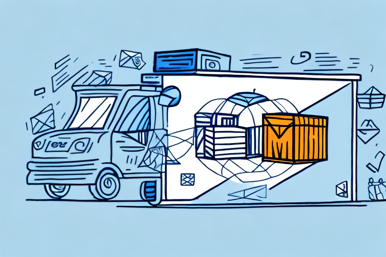 Illustration of a delivery truck in motion, surrounded by floating envelopes. Inside an open box, another box is highlighted in yellow against a light blue background. The scene conveys a sense of dynamic package delivery, emphasizing UPSs efficient service and volume-based shipping rates.