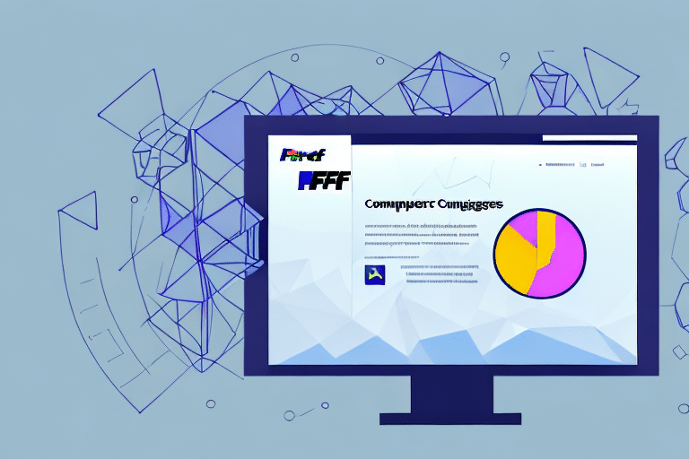 A computer monitor displays a webpage featuring a colorful pie chart with pink, yellow, and purple sections. Abstract geometric shapes decorate the background, creating a futuristic design reminiscent of FedEx Ship Managers sleek interface.