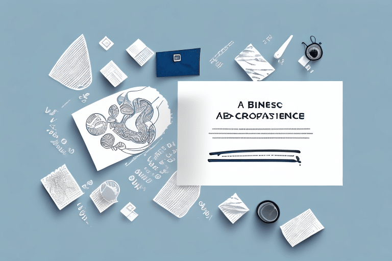 An overhead view of a blue background with scattered objects, including sketches, papers, a pen, and a coffee cup. A central paper reads A BINESC AD-CROUPASCIENCE, surrounded by abstract illustrations and handwritten notes delivering creative messages.