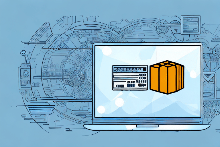 Illustration of a laptop with a screen displaying UPS Worldship and a 3D shipping box icon. The background features abstract technical and mechanical designs, hinting at efficient data recovery systems. The color scheme includes shades of blue and orange.