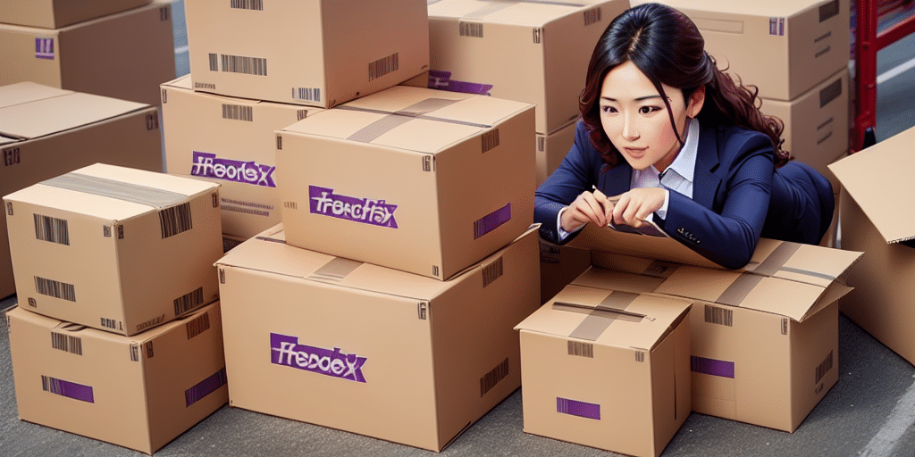 A woman in a business suit, lying among a pile of cardboard boxes labeled Freedex, seems deep in thought, perhaps planning her next move using FedEx Ship Manager. Surrounded by various sized boxes in an open outdoor area, she strategizes on how to create shipping profiles efficiently.