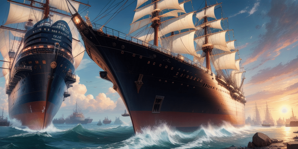 Two majestic tall ships with full sails and dark hulls navigate through a sunlit sea, leaving white frothy waves in their wake. The sky resembles a vibrant main database of orange and blue, dotted with fluffy clouds, as the sun sets on the horizon.