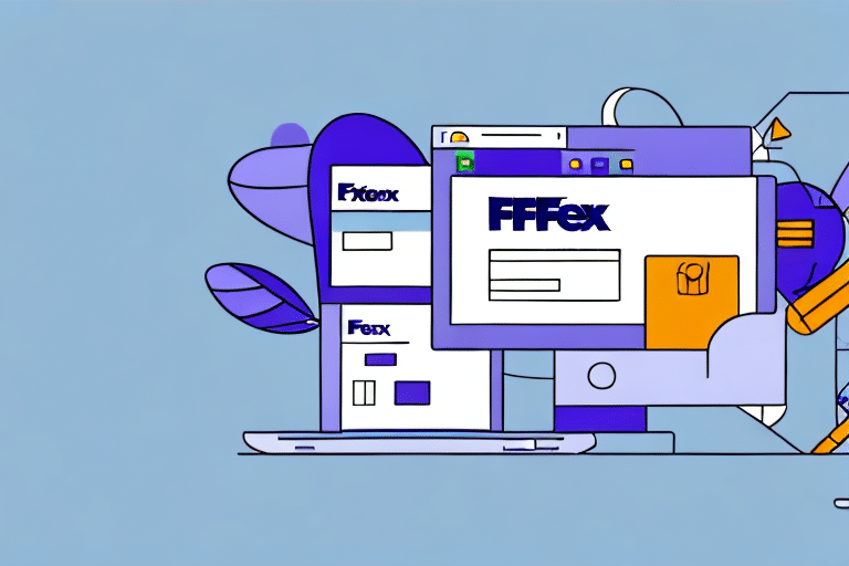 Illustration of a futuristic delivery concept featuring a digital interface with FFTex on a screen, flanked by drone and robotic delivery devices. The design, reminiscent of FedEx Ship Manager software, includes a package icon and intertwined technology elements.