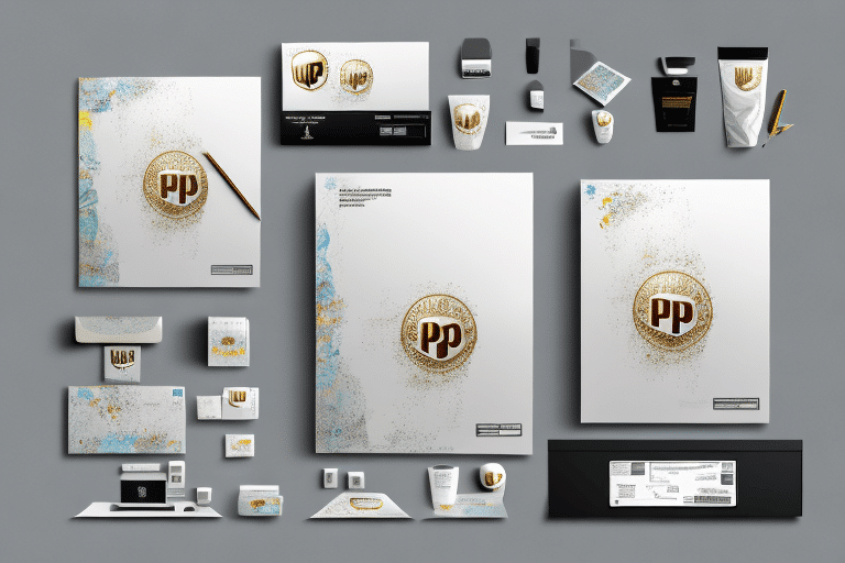A flat lay of branded stationery items on a gray background features business cards, envelopes, letterheads, and more. Each item displays a gold and black circular logo with PP, complemented by blue and gold accents. Perfect for enhancing any UPS Worldship shipment or Dangerous Goods Label setup.