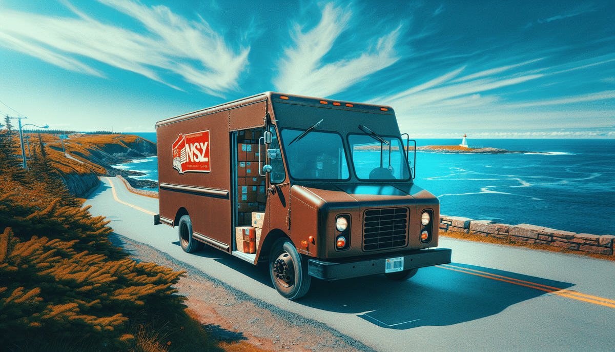 A brown delivery truck labeled NSY navigates a scenic Nova Scotia coastal road, the ocean shimmering on the right and a distant lighthouse under wispy clouds in a clear blue sky.