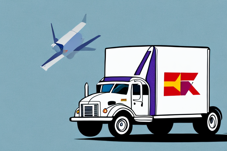 An illustration depicts a white delivery truck adorned with a red and yellow logo, reminiscent of FedEx SurePost. It drives against a blue background while a stylized airplane with blue wings soars above, symbolizing efficient shipping methods.