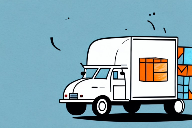 Illustration of a white delivery truck on a blue background, cleverly depicting courier service pricing. The truck features a large orange box, symbolizing goods in transit. Black accent lines and small curves introduce dynamic movement to the scene, enhancing your understanding of logistics in action.