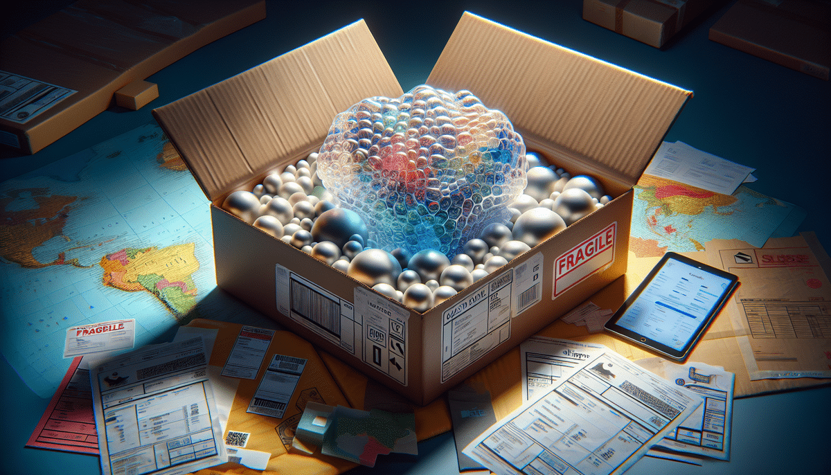 A glowing, iridescent sphere sits inside an open cardboard box filled with packing materials on a world map. Surrounding the box are scattered documents, envelopes, and a tablet displaying FedEx Shipping guidelines. Hung shadows suggest dim lighting.