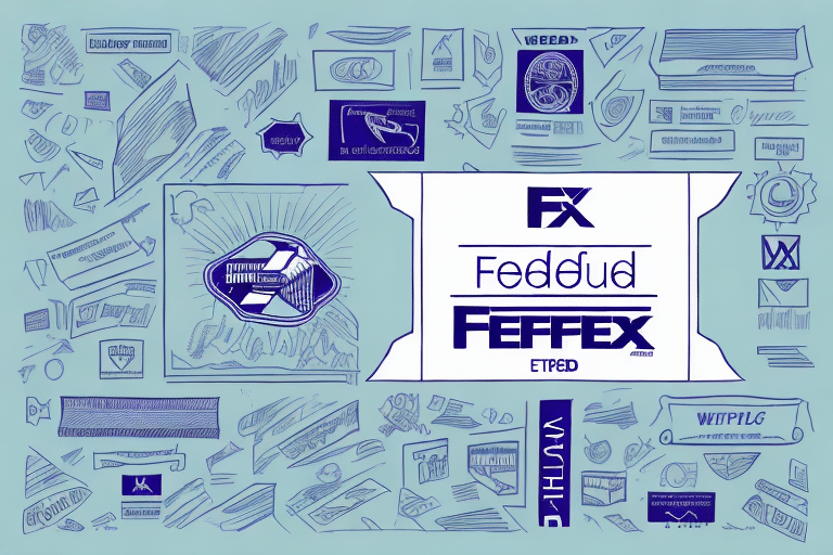 An abstract illustration with various doodles and geometric shapes surrounds a central rectangular design. The rectangle contains stylized blue text, including FX and Feffex. A light blue background features sketches depicting a step-by-step guide for using FedEx Ship Manager.
