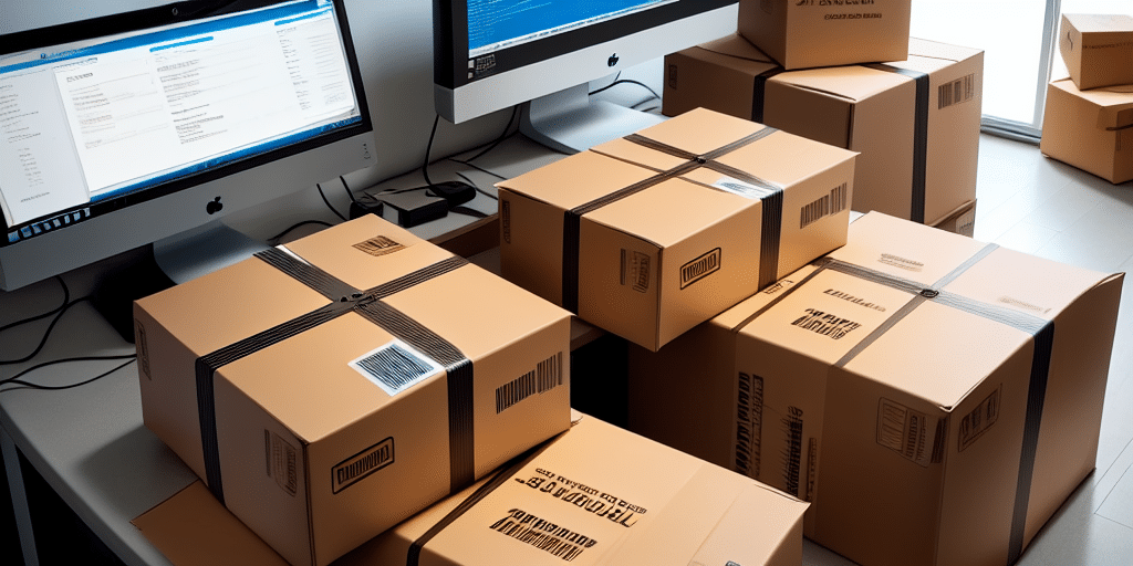 Stacks of cardboard boxes with barcodes are placed on and around office desks, where two computers display UPS Worldship, the shipping and logistics software.