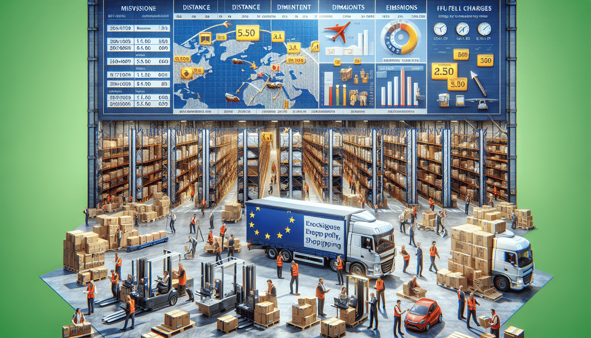 An animated logistics hub bustling with workers, forklifts, and a truck labeled European Union showcases UPS shipping rates. A digital board displays data like emission levels, distances, and delivery stats above a warehouse filled with shelves and boxes, highlighting Europes efficient supply chain network.