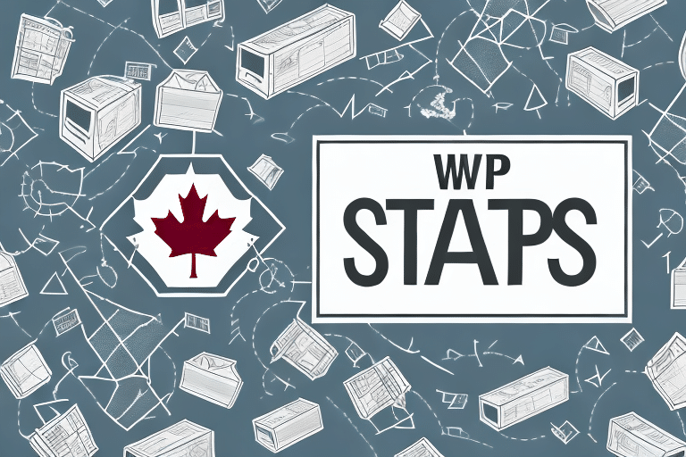 Stylized illustration with the text WPP STAPS next to a hexagon containing a red maple leaf, reminiscent of a Canada Label. The background features sketches of various boxes and geometric shapes on a blue canvas.