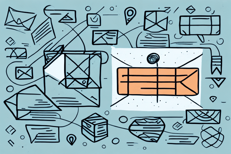 A stylized illustration of envelopes and mail-related icons celebrates global communication. Featuring abstract envelopes, paper airplanes, and location pins connected by lines against a light blue background, the design evokes connectivity akin to a Worldship network supported by modern UPS Service Types.
