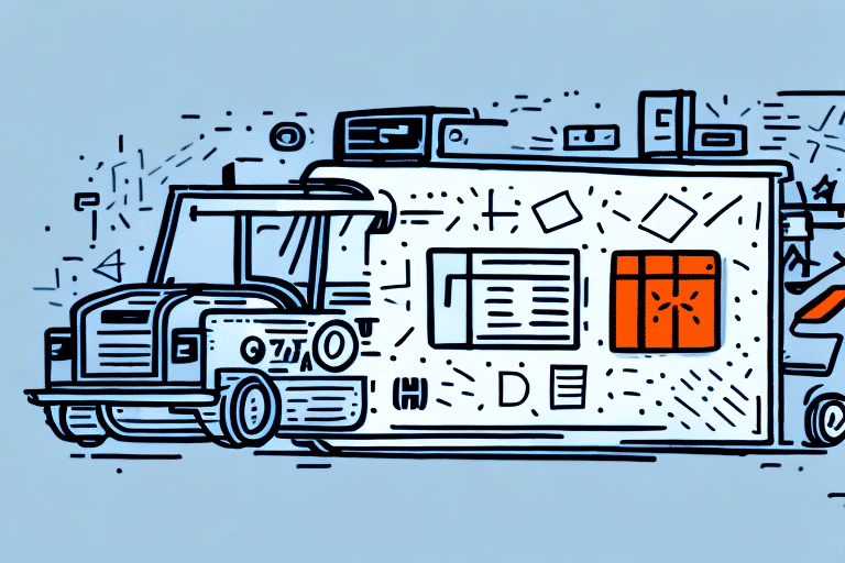 Illustration of a stylized vintage truck next to a building, reminiscent of an address book entry. Geometric shapes and abstract elements surround the scene, echoing the organized efficiency of FedEx Ship Manager against a light blue background.