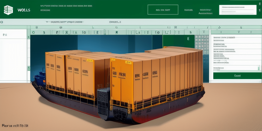 Illustration of a container ship loaded with oversized, box-shaped containers. The ship sails across an expansive sea resembling the Excel Format, with the spreadsheet interface visible in the background, capturing the essence of end-of-day reports woven into this maritime scene.