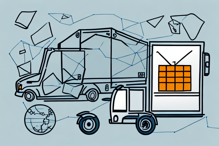 An abstract illustration featuring two overlapping delivery trucks carrying envelopes and a globe, subtly exploring UPS shipping analysis. The design employs geometric shapes and lines on a light blue background.