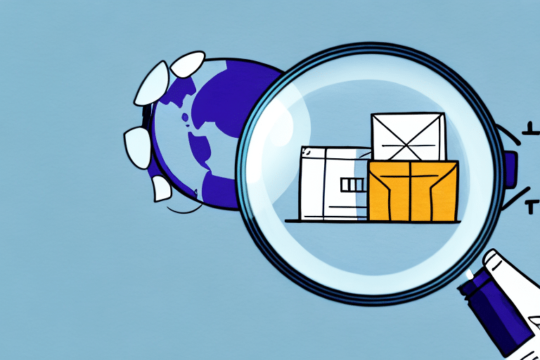 A smartphone with an attached magnifying glass reveals three cardboard boxes marked with shipping labels. The background features a globe adorned with location pins, hinting at the convenience of online shopping or package tracking using tools like FedEx Ship Manager.