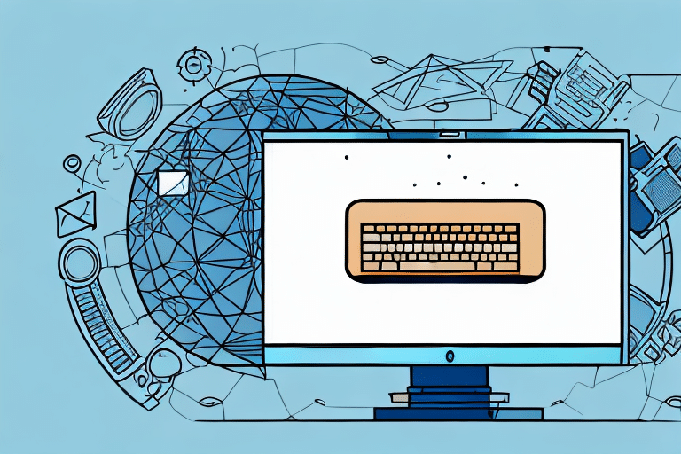 A digital art piece depicting a computer monitor with a keyboard on the screen, surrounded by electronic devices and digital symbols, all linked by abstract lines. The design suggests connectivity and technology, as if troubleshooting an intricate web of innovation.