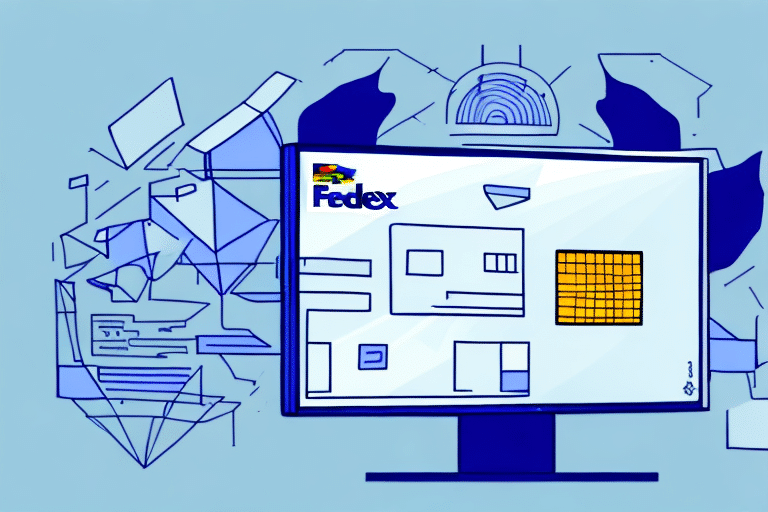 A computer screen displaying a FedEx Ship Manager interface with various geometric shapes and a grid. The background features abstract designs of broken and overlapping triangles and squares in blue tones, possibly hinting at a Lookup Value Missing Error that needs resolution.