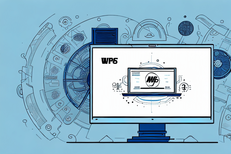 A computer monitor shows the WP6 logo on its screen, against a backdrop of blue abstract gears and technology-themed elements. This futuristic design mirrors the step-by-step guide feel, akin to navigating import shipments with tools like UPS Worldship.