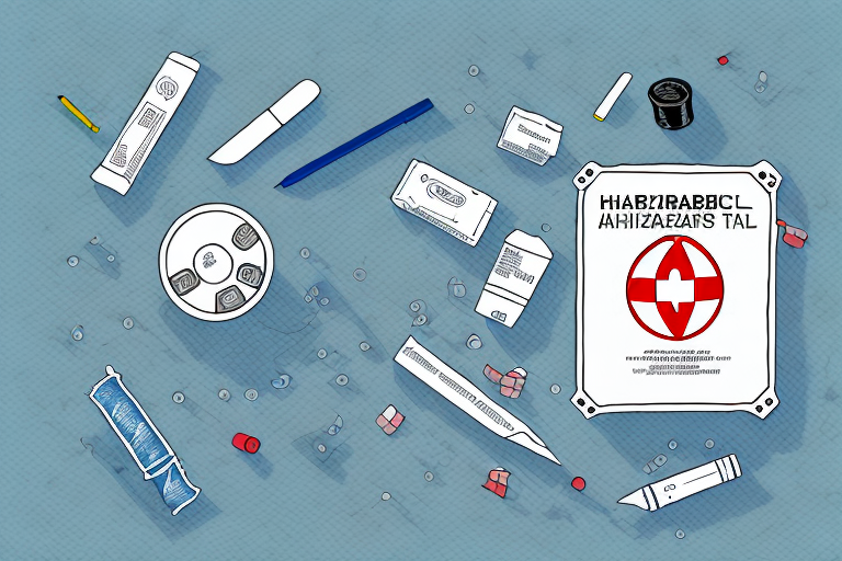 Illustration of medical supplies scattered on a blue surface, with a syringe, pill bottles, boxes, and scattered pills. A sign with a red symbol is on the right. Consideration of FedEx hazardous shipping rates ensures these supplies reach their destination safely.